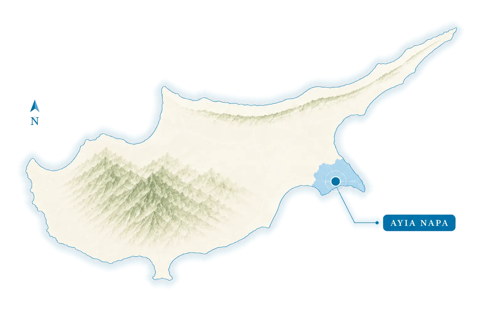 Illustrated map of Cyprus with Ayia Napa highlighted