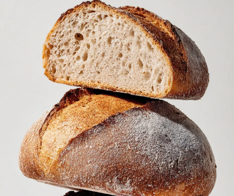 Two rustic loaves of traditional bread, one cut open to show the open crumb, the kind served with a Cypriot breakfast