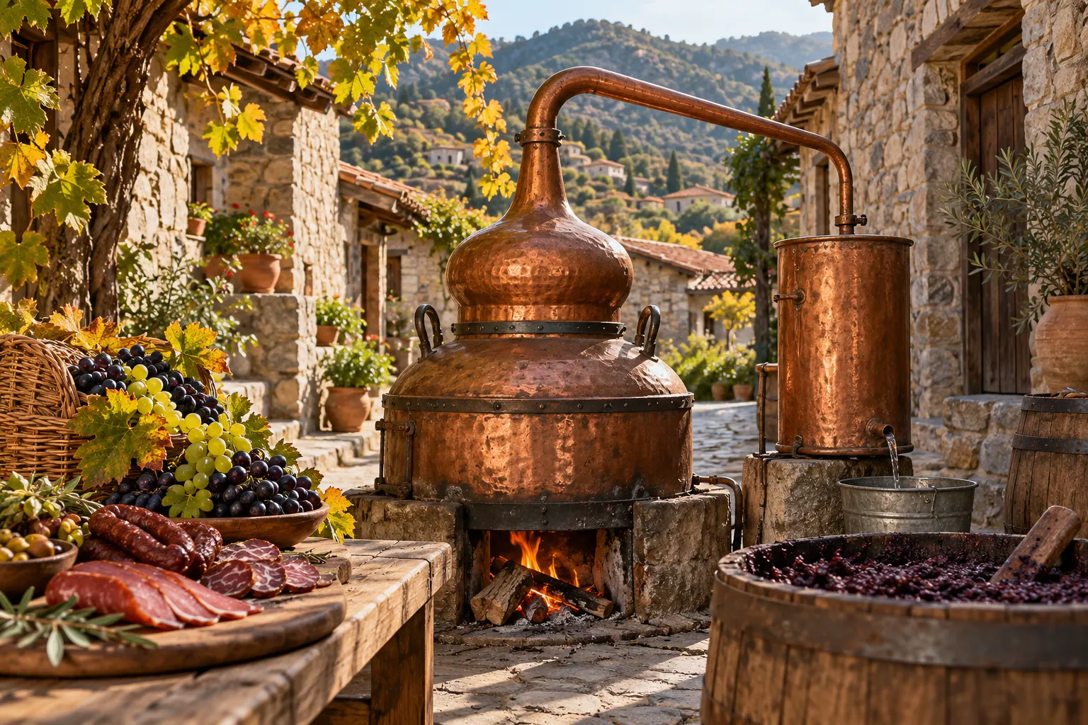 Editorial illustration of a copper zivania still with grapes and local cured meats in a stone-built mountain-village lane inspired by Alona