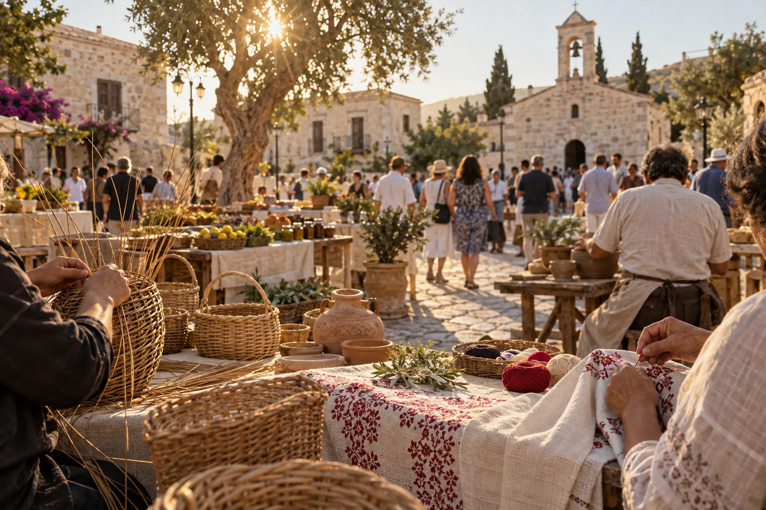 Editorial image of traditional crafts in a Cypriot village square for the Arediou festival