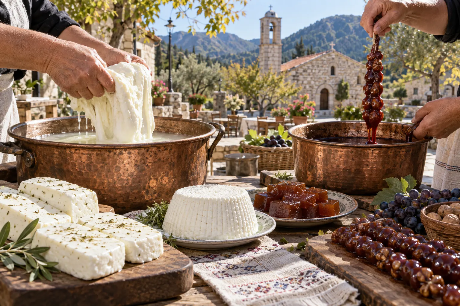 Editorial image of traditional Cypriot food preparation in Lagoudera