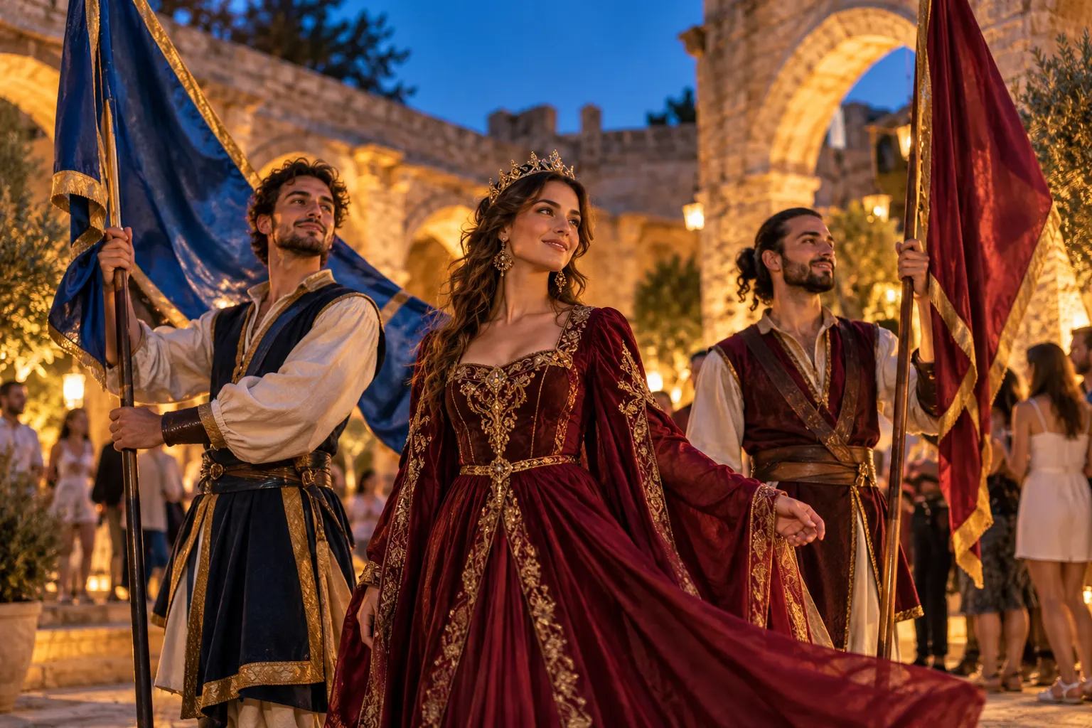 Editorial illustration of fictional medieval-costumed performers with plain banners in an imagined illuminated Mediterranean stone courtyard