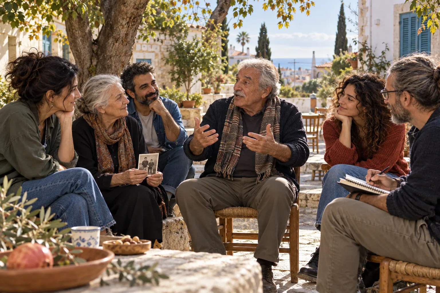 Editorial illustration of fictional neighbours sharing stories in an imagined Limassol meeting place