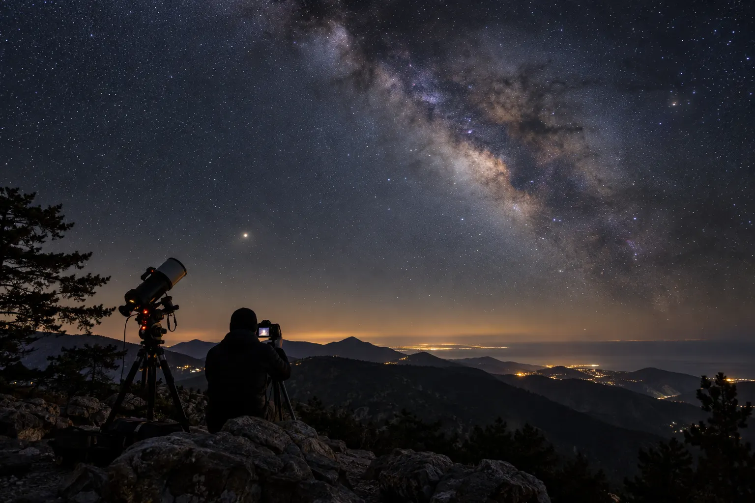 Editorial image of an astrophotographer and telescope beneath the Troodos night sky