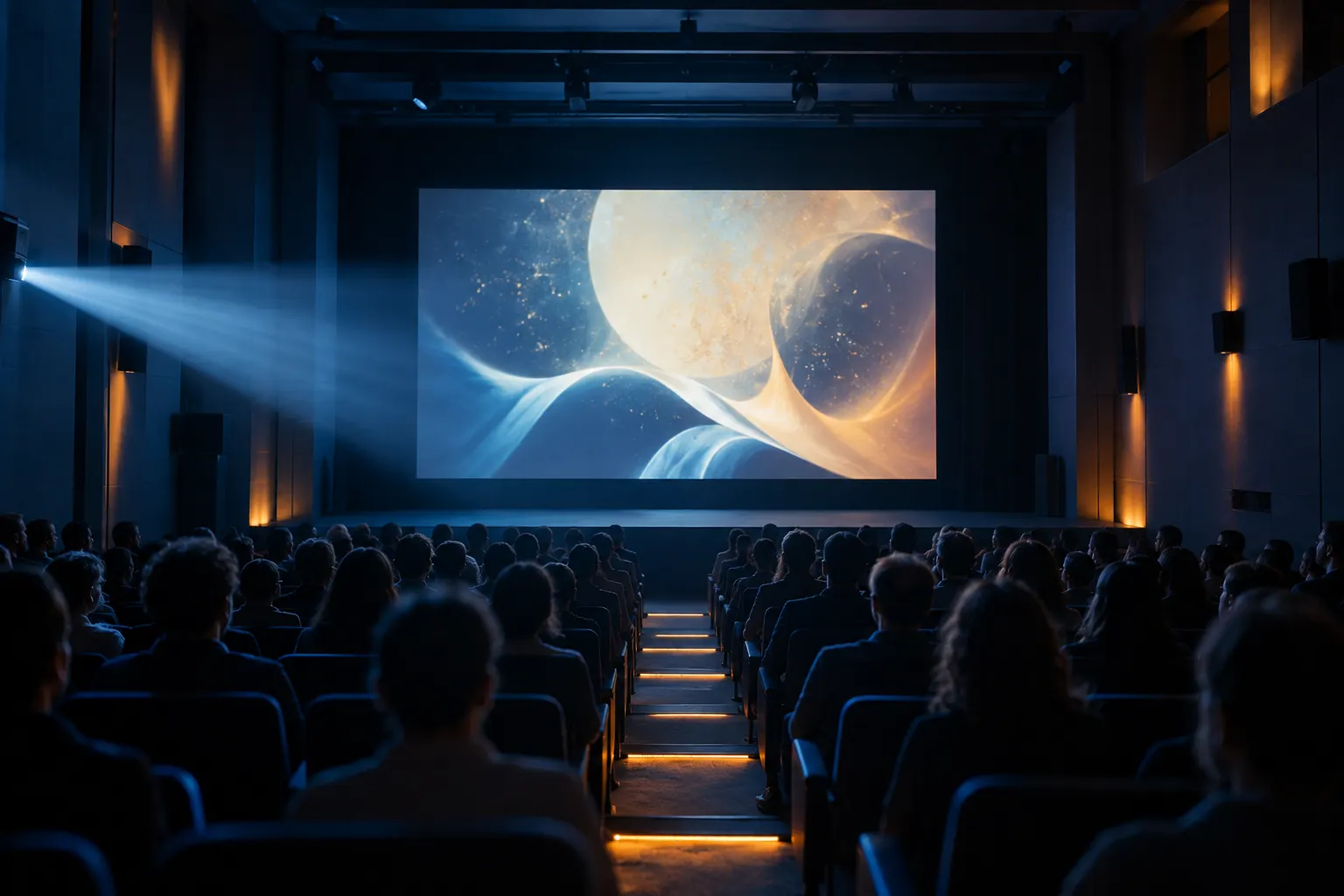 Editorial image of an independent-film screening in a contemporary cultural hall