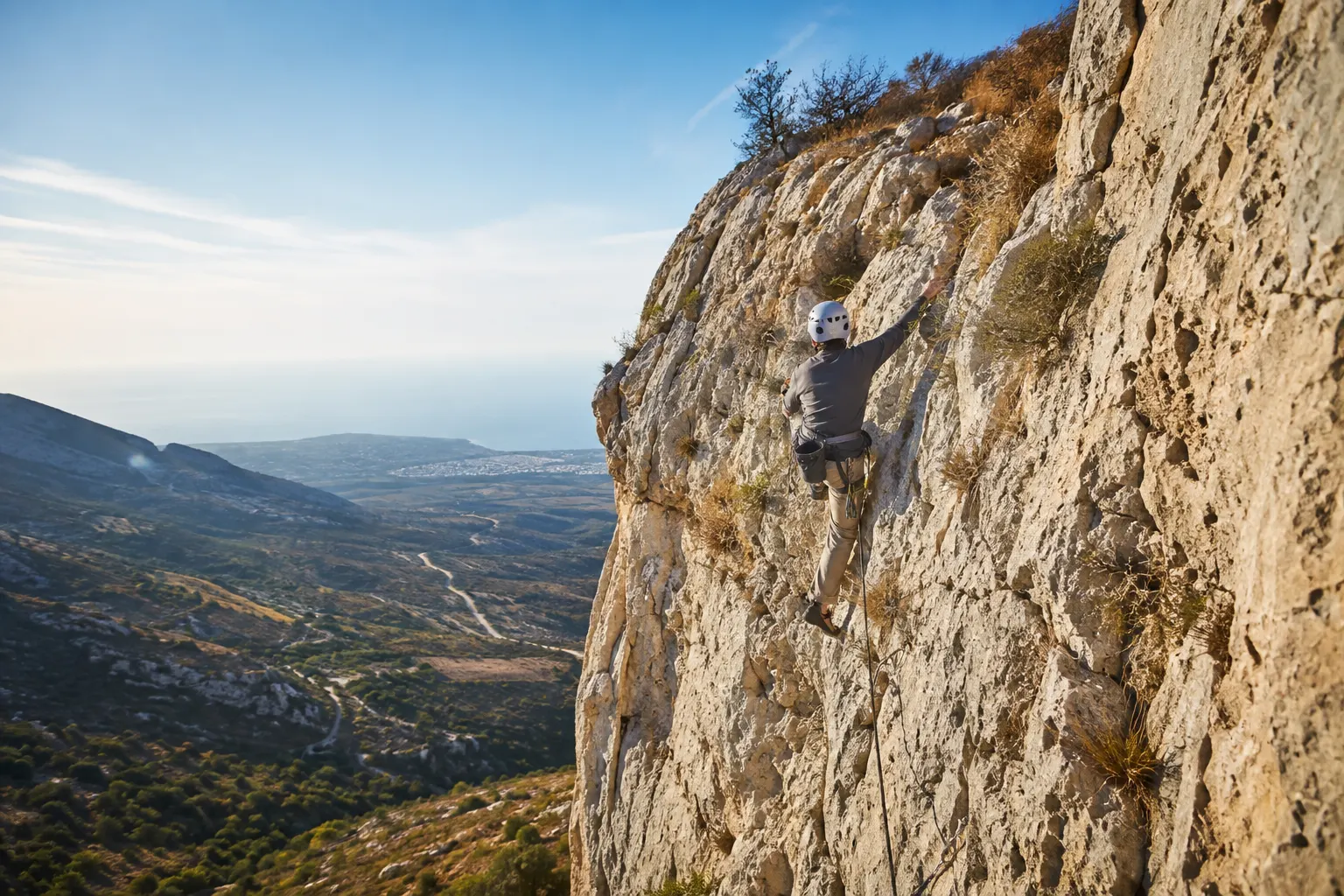 Editorial image of a climber on a limestone crag near Ineia