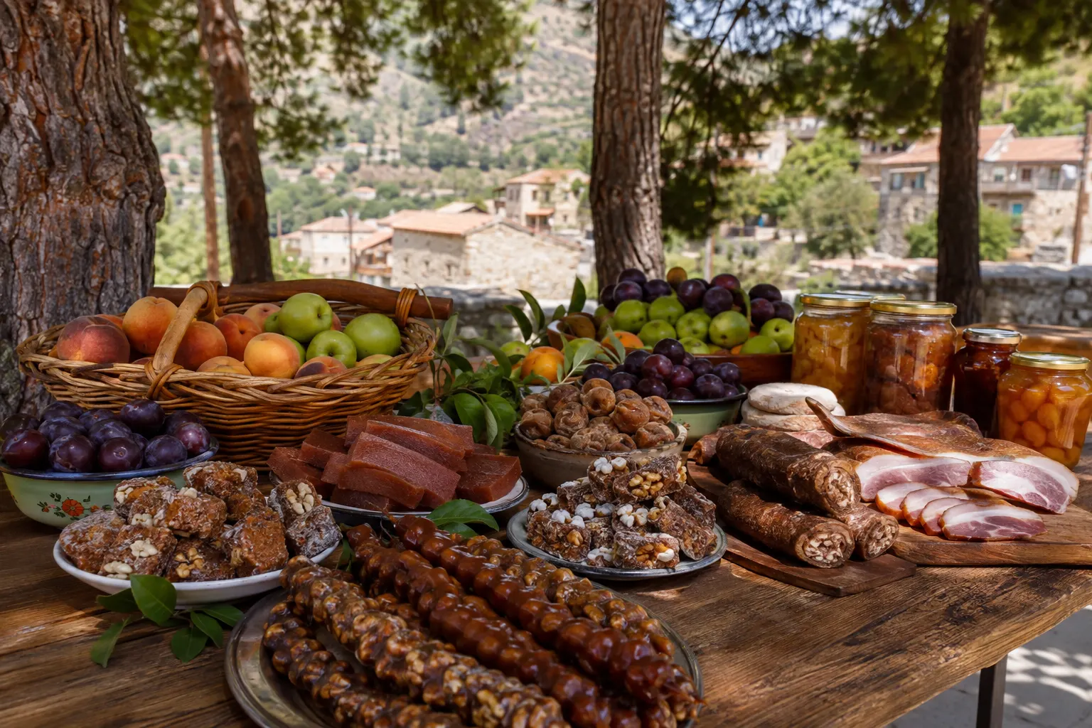 Editorial image of Cypriot fruit, sweets and traditional meat delicacies for the Dymes festival