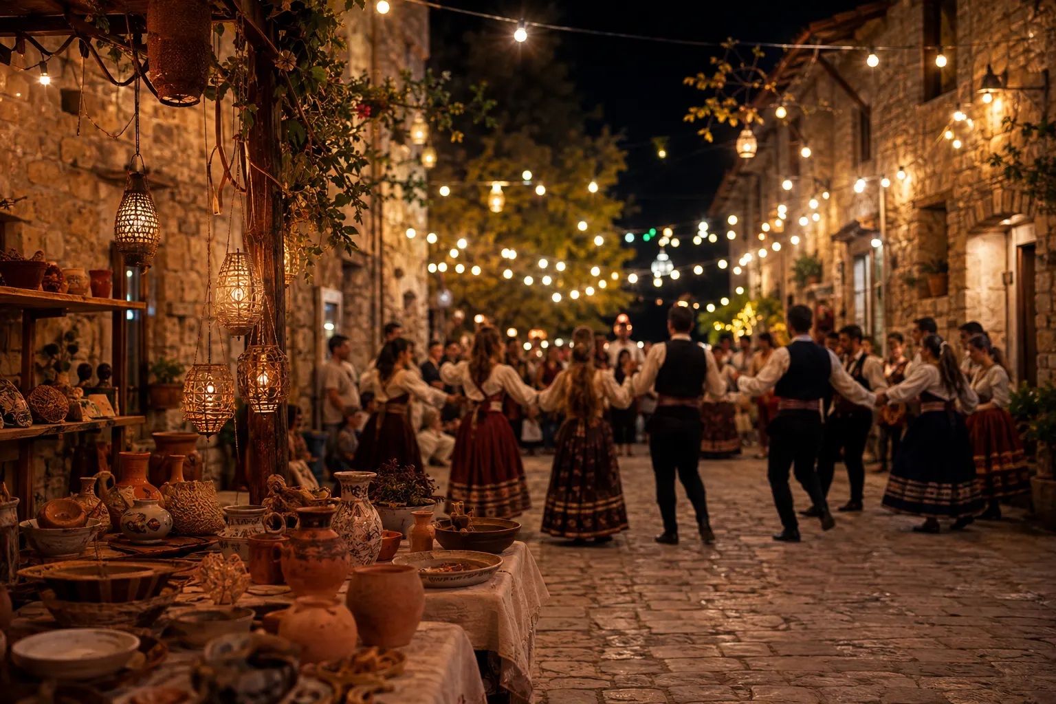 Editorial image of lantern-lit village lanes, crafts and dance for the Esperides Festival
