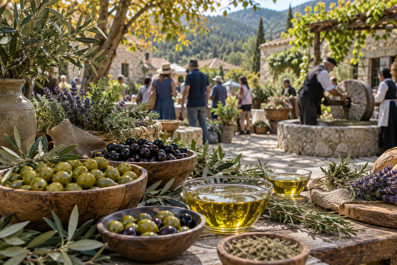 Editorial image of olives, olive oil and aromatic herbs for the Evrychou festival