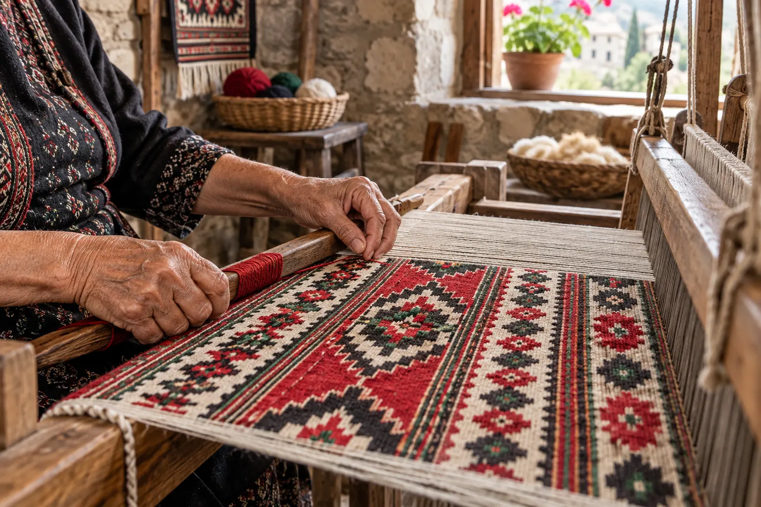 Editorial image of traditional Fyti weaving on a wooden loom
