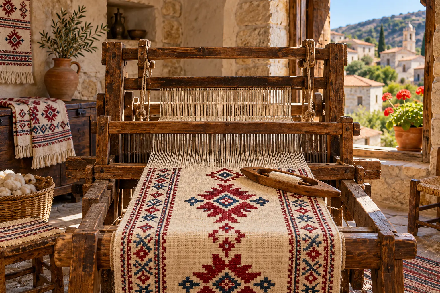 Editorial illustration of a wooden loom with geometric Fytiotiko-inspired textile in a traditional village house