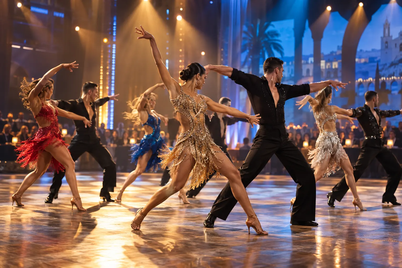 Editorial image of an international dance championship in a modern indoor arena