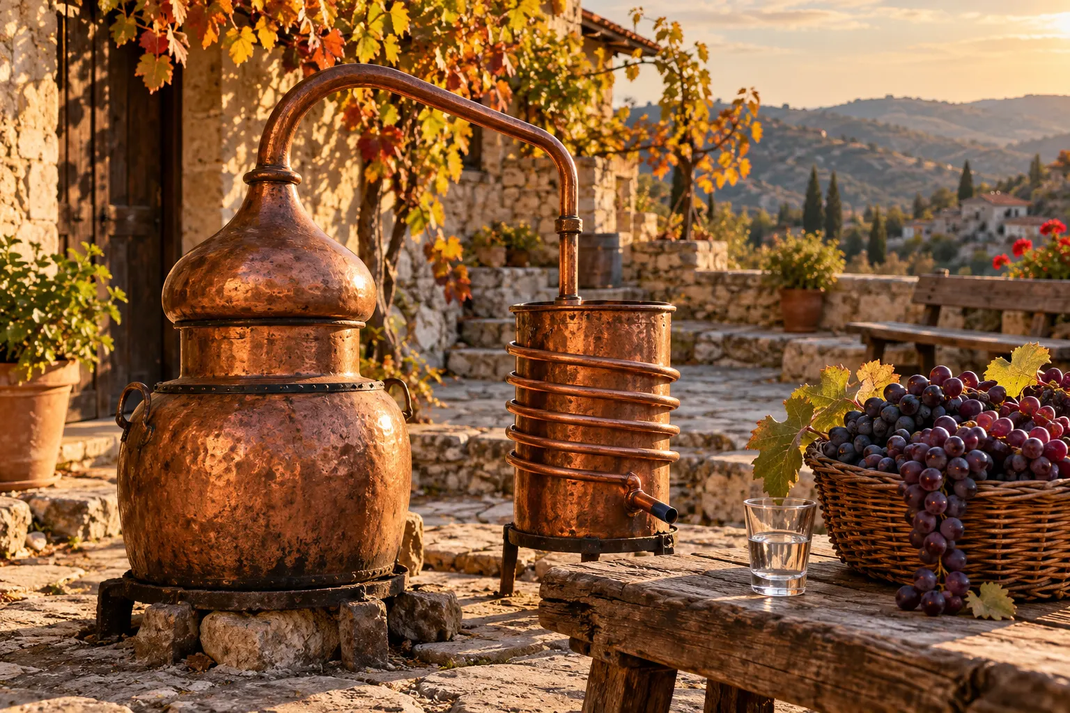 Editorial illustration of a copper still and grapes in an imagined Arsos courtyard