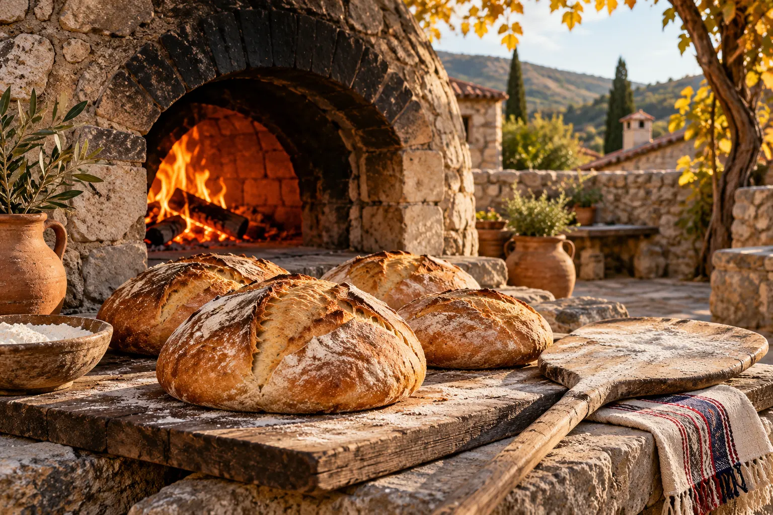 Editorial illustration of village bread and a wood-fired oven in an imagined Klirou courtyard