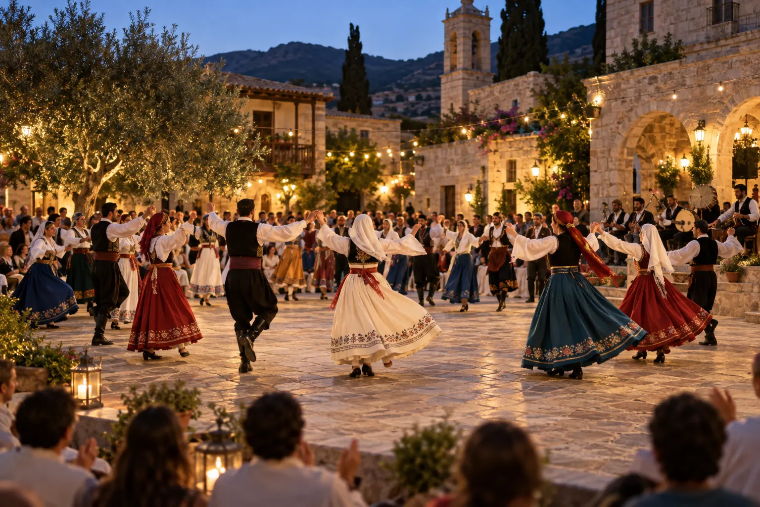 Editorial image of folklore dancers meeting in a Cypriot village square