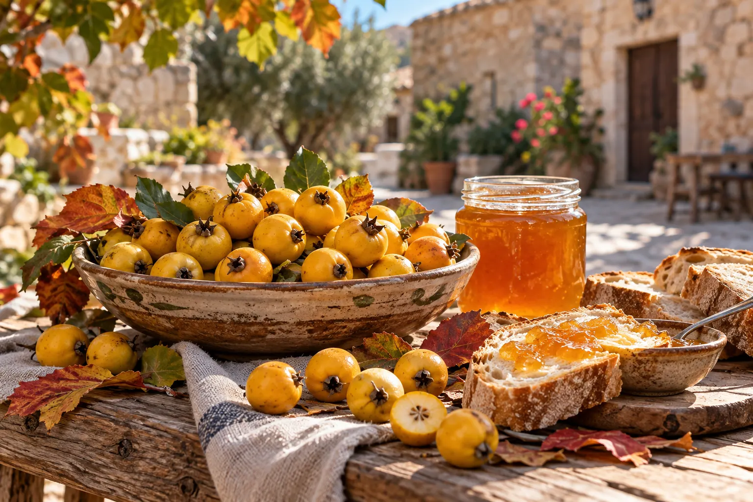 Editorial illustration of golden mosfilo fruit, hawthorn jelly and rustic bread on a village table inspired by Mosfiloti