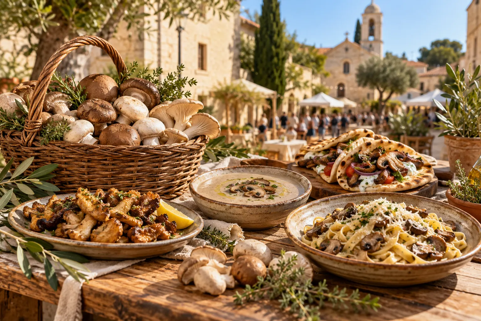 Editorial illustration of mushrooms and mushroom dishes for the Erimi Mushroom Festival