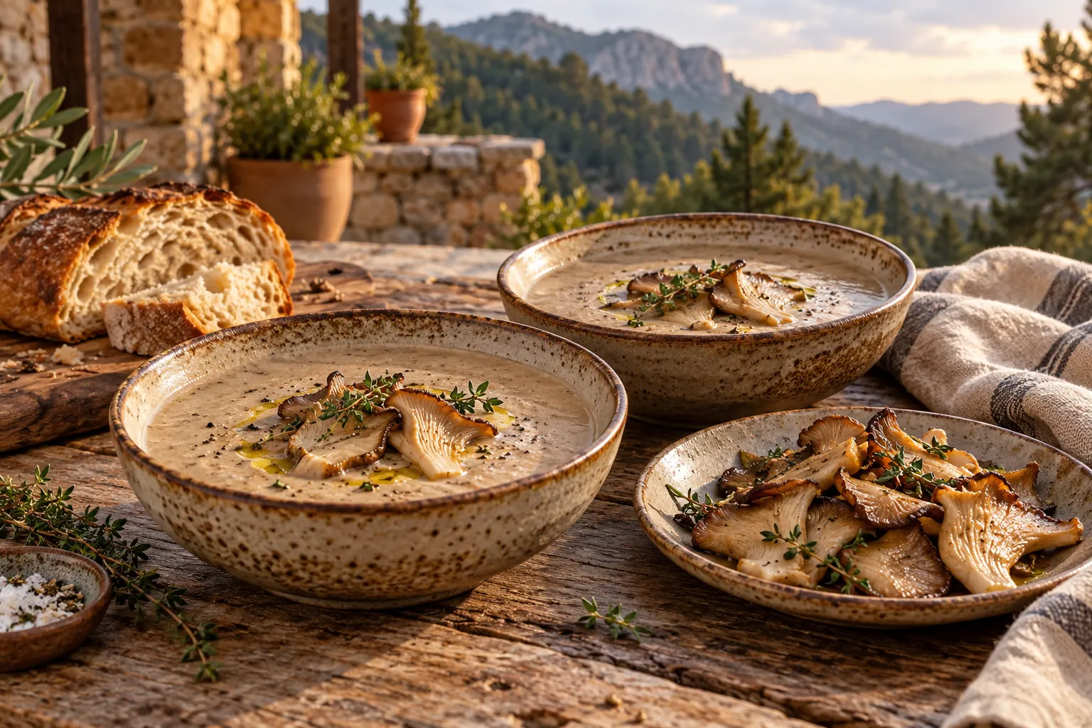 Editorial illustration of mushroom soup, cooked oyster mushrooms and bread on an imagined mountain veranda inspired by Spilia