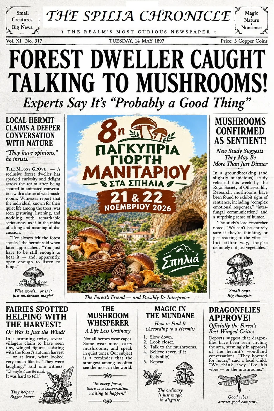 Official Spilia council date-announcement artwork for the 8th Pancyprian Mushroom Festival on 21–22 November 2026