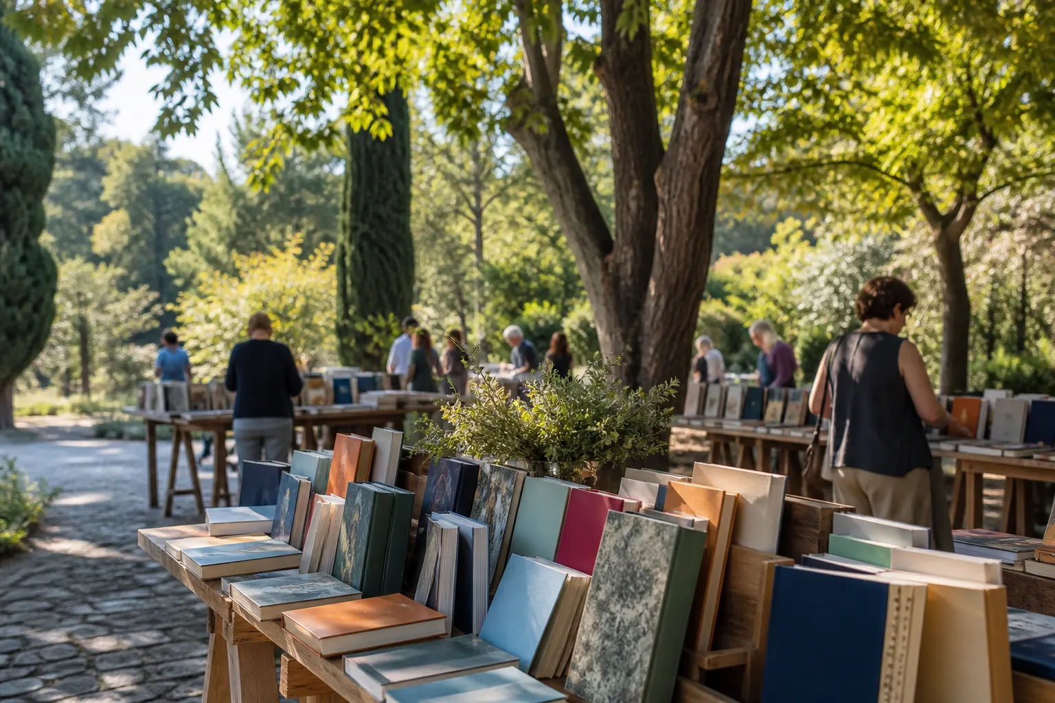 Editorial image of books displayed in a green park for Nicosia Book Fest