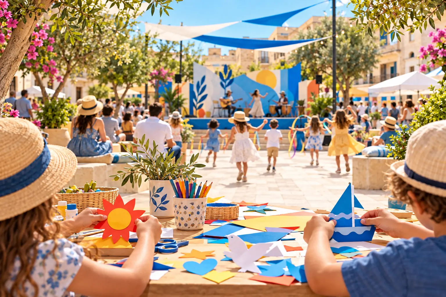 Editorial illustration of children making paper crafts at a family festival in a Nicosia square