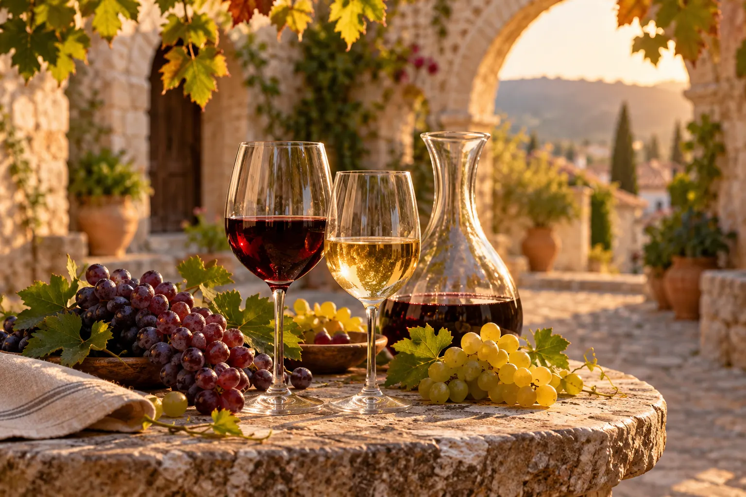 Editorial illustration of wine and grapes in an imagined Omodos courtyard