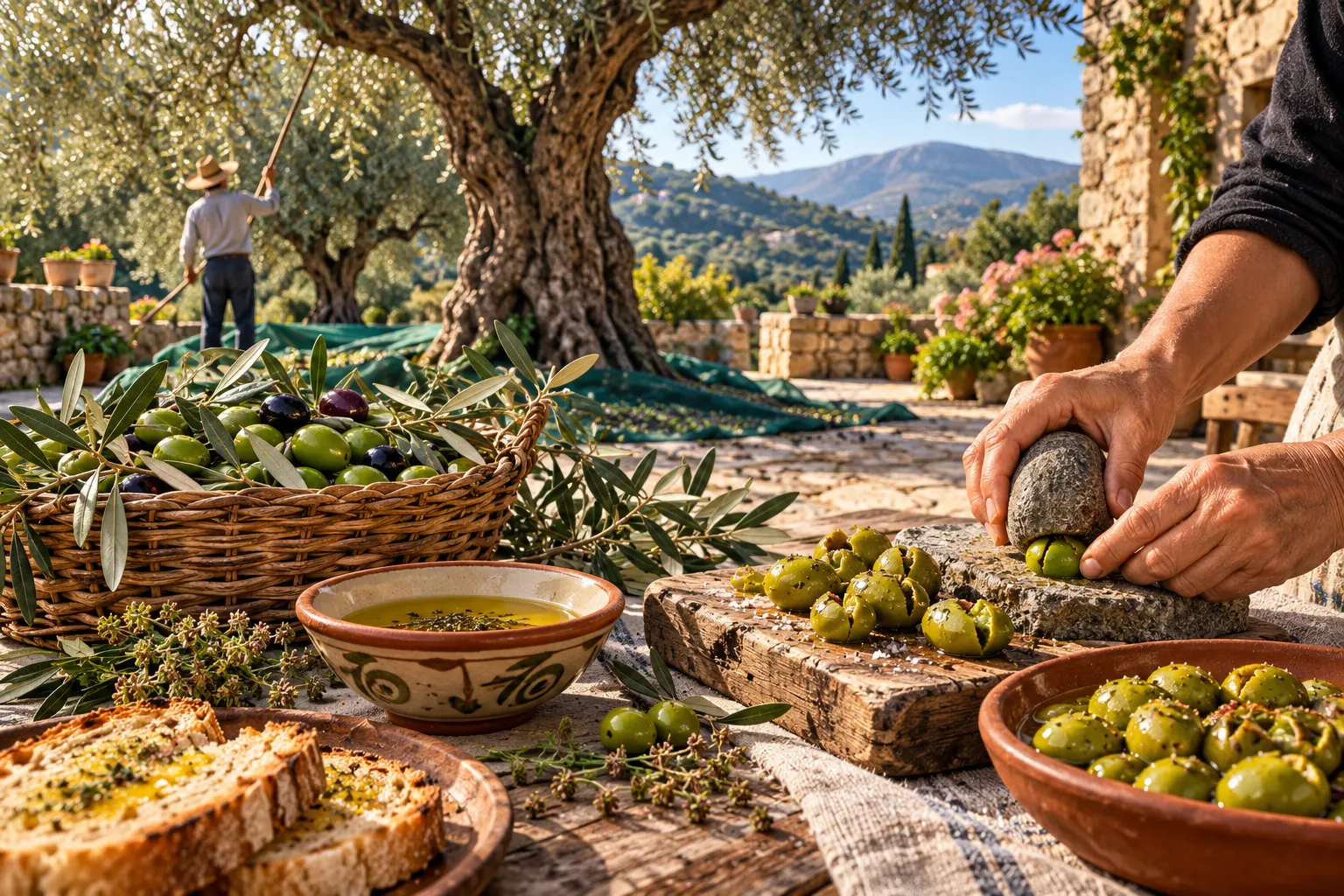 Editorial illustration of olive harvesting and traditional cracked-olive preparation in a Nikitari courtyard