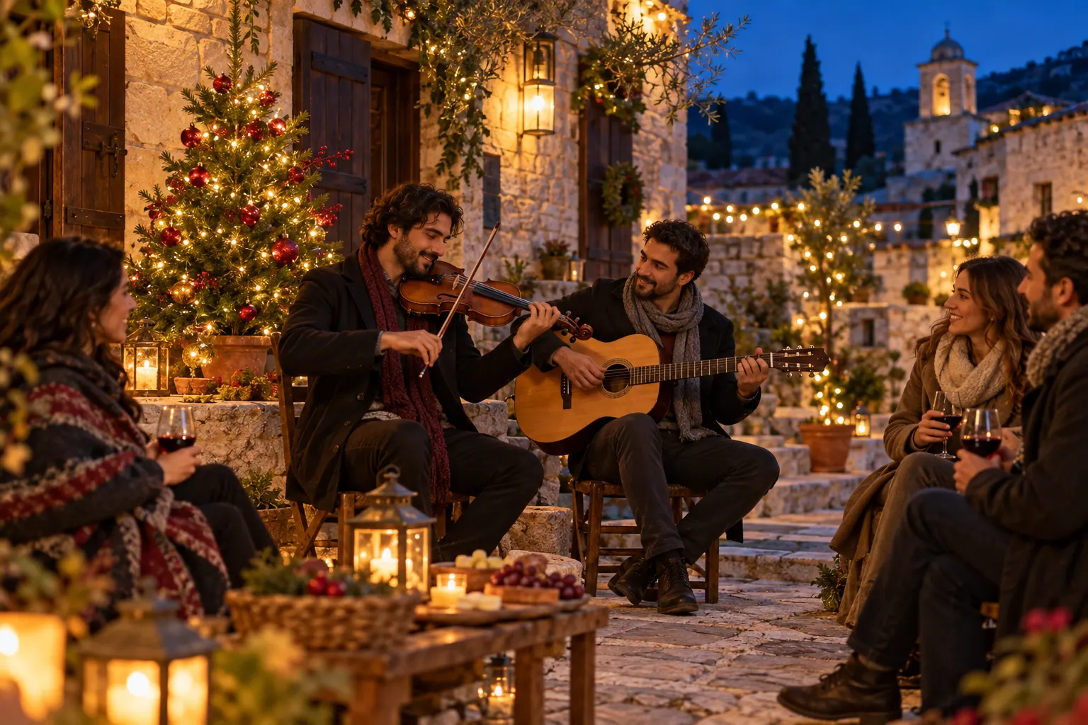 Editorial illustration of fictional musicians and friends enjoying Christmas lights in an imagined stone courtyard inspired by Omodos