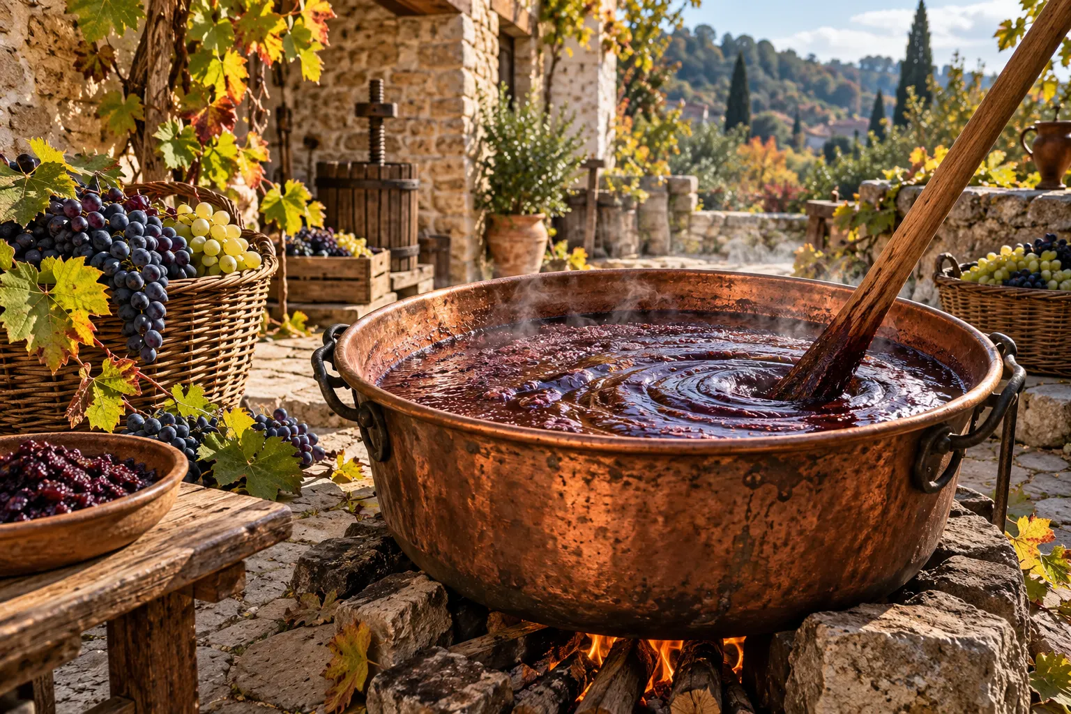 Editorial illustration of palouzes in a copper cauldron with grapes in an imagined Pera Pedi courtyard