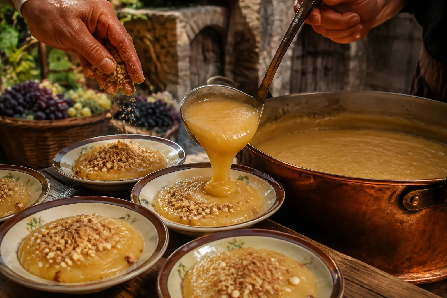 Editorial image of freshly made palouze being served into traditional bowls