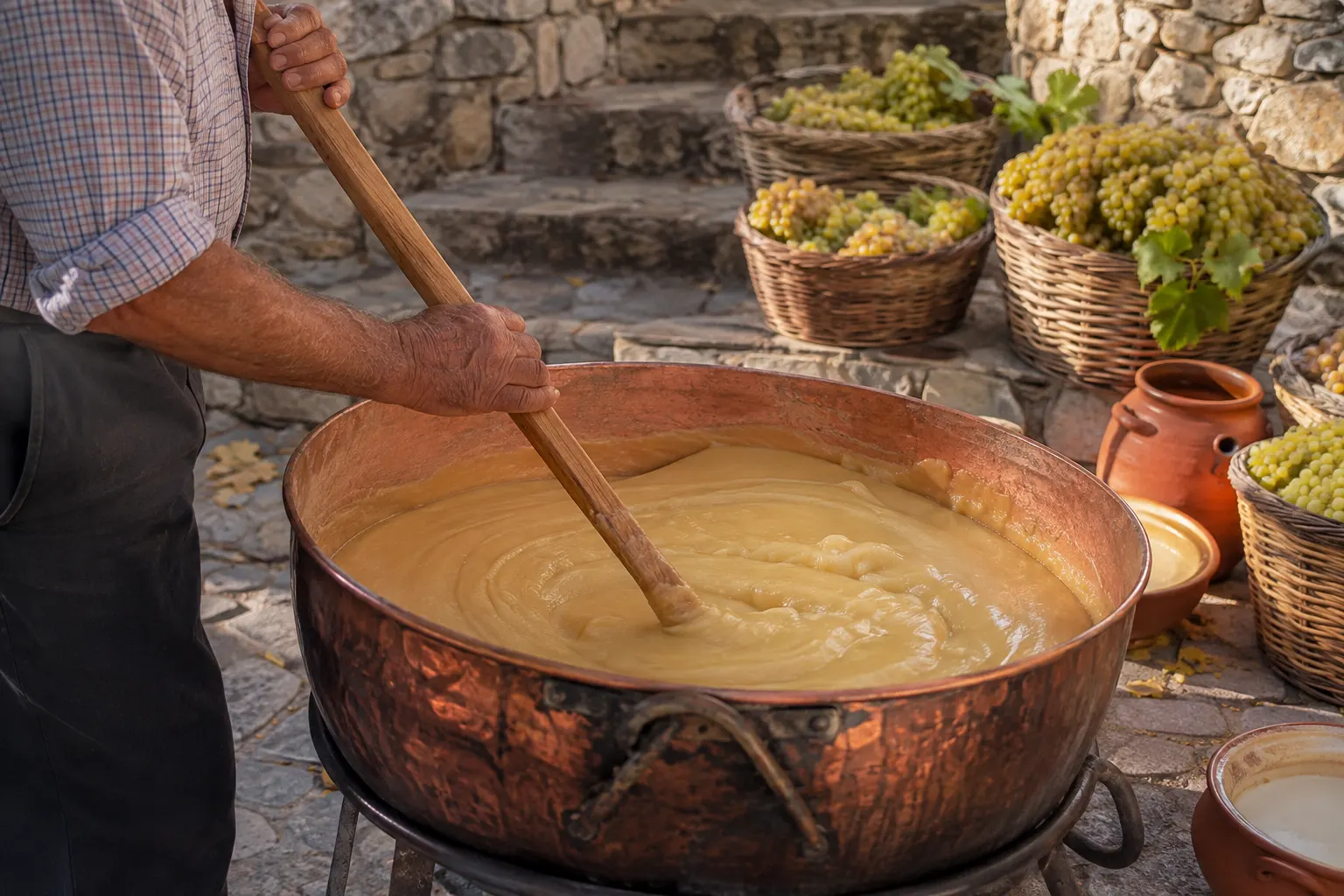 Editorial image of palouze being stirred in a traditional copper cauldron in a Cypriot village