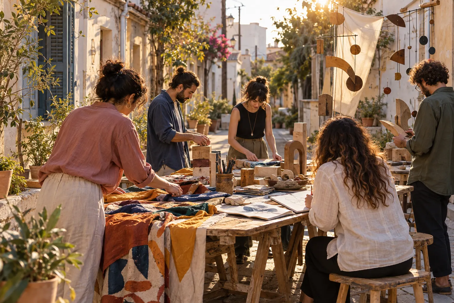 Editorial illustration of fictional neighbours making collaborative art in an imagined Cypriot street inspired by Kaimakli