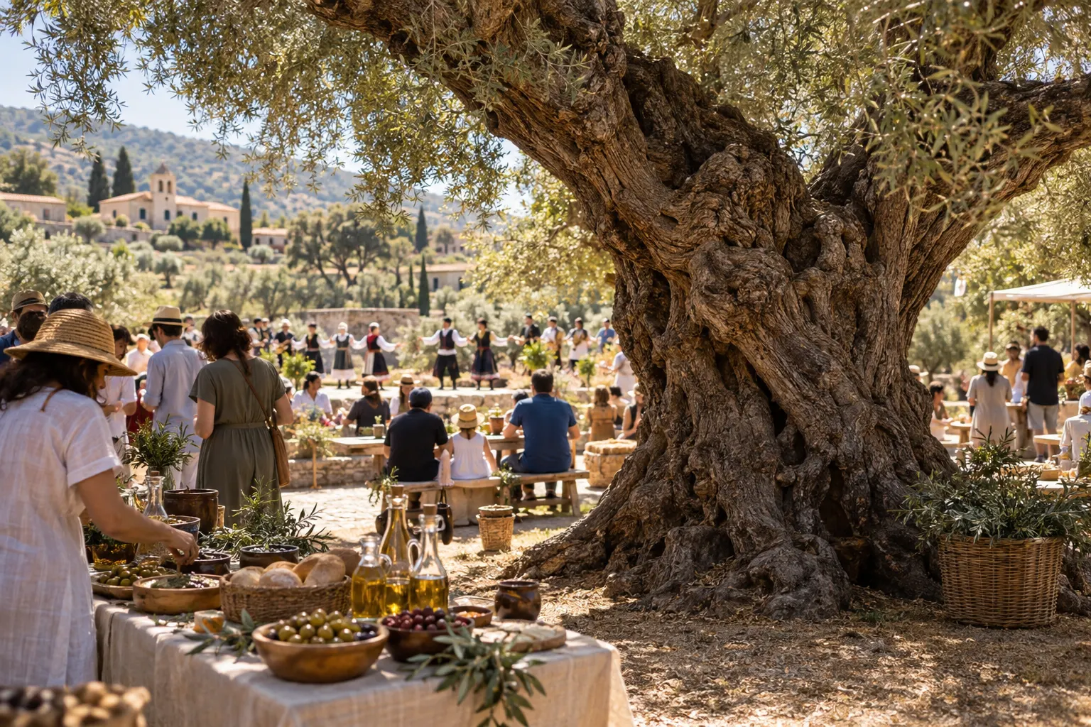 Editorial image of a village gathering beneath an ancient olive tree in Paramali