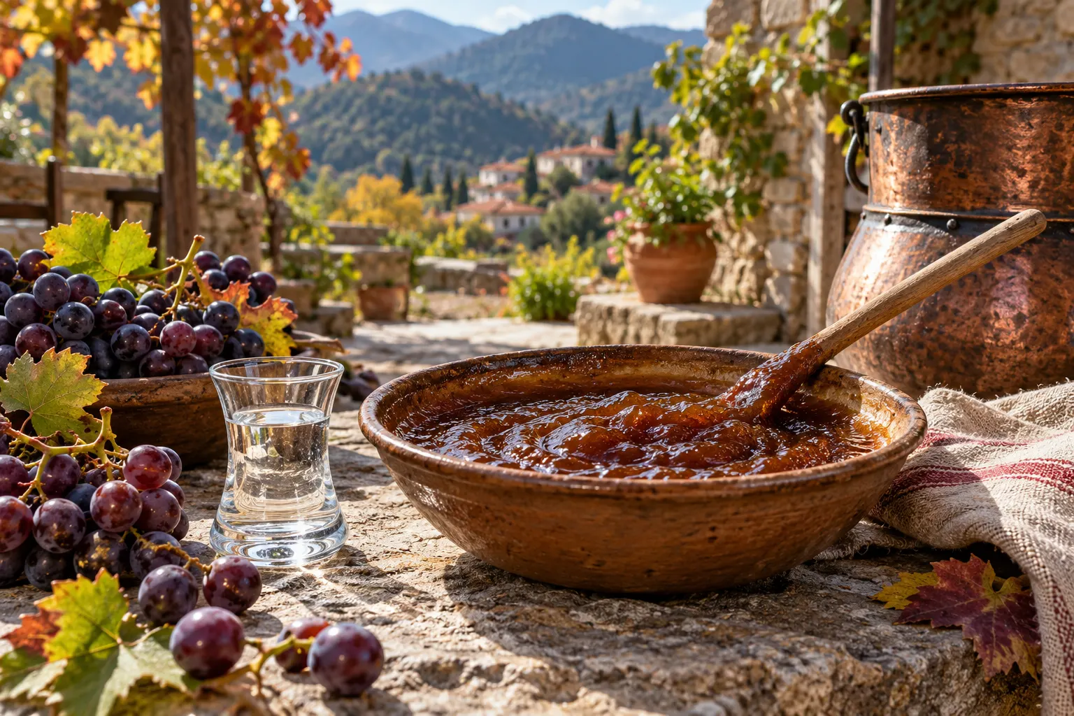 Editorial illustration of palouzes, zivania and grapes in an imagined courtyard inspired by Pedoulas