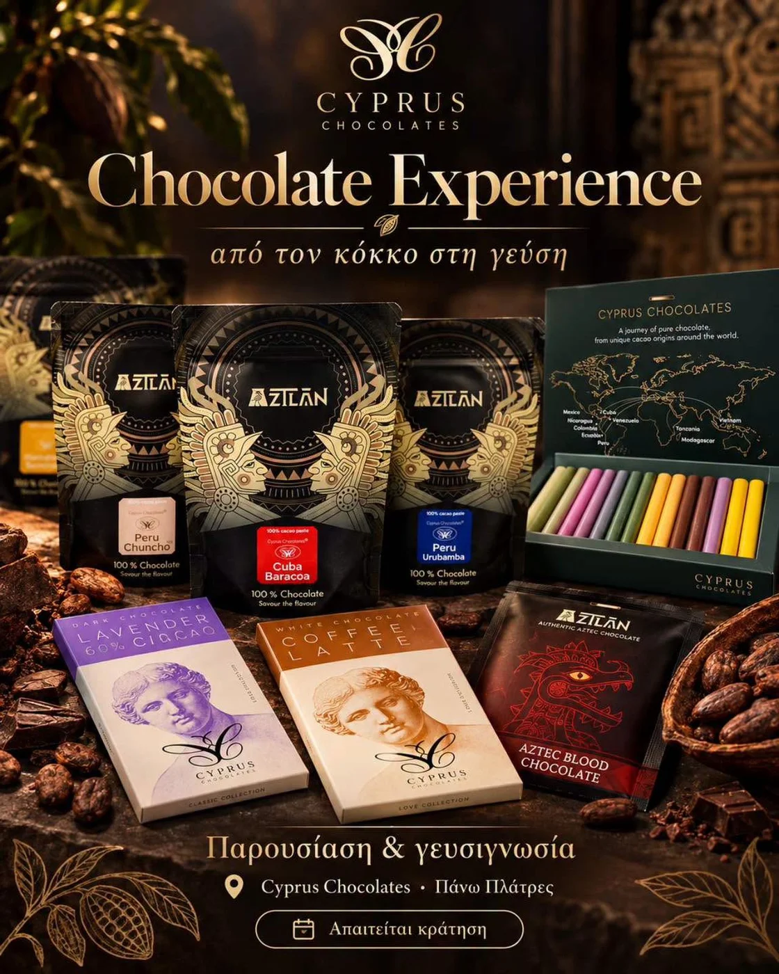 Chocolate Experience presentation and tasting announcement shared by Platres Community Council; reservation required