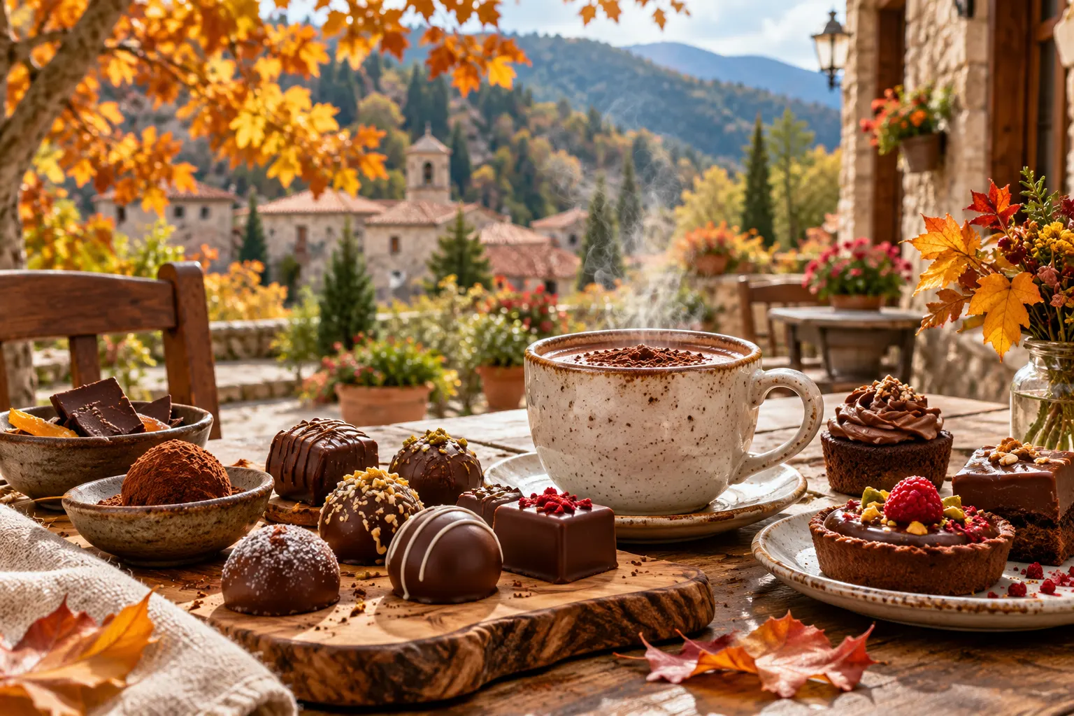 Editorial illustration of handmade chocolates and hot chocolate on a village café table in autumn Platres