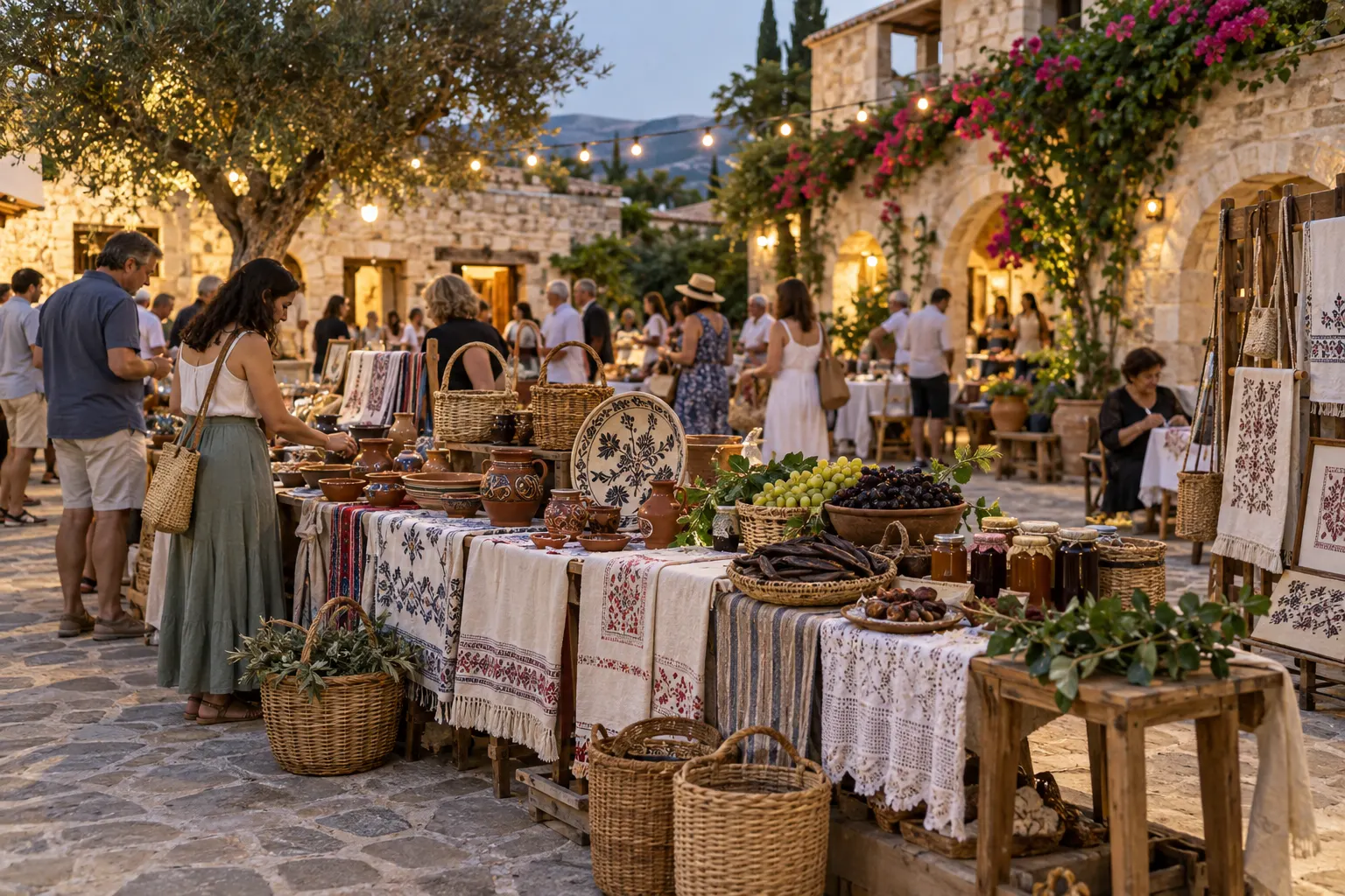 Editorial image of Cypriot produce and folk crafts in a village courtyard