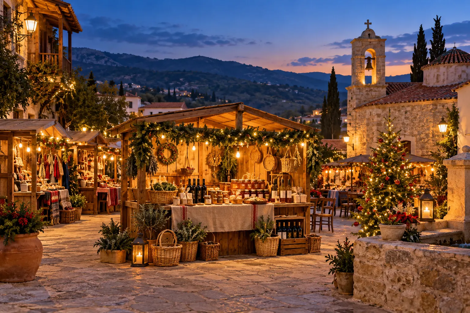Editorial illustration of wooden Christmas stalls, local products and festive lights in an imagined mountain village square inspired by Statos–Agios Fotios