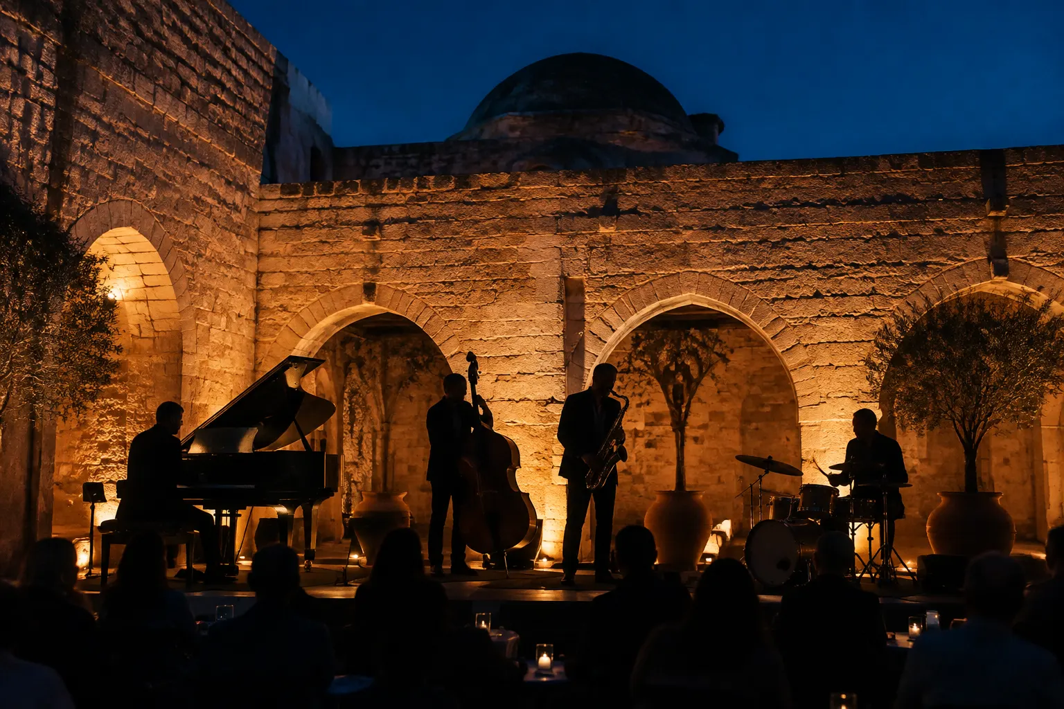 Editorial image of a jazz ensemble in a stone courtyard for the Technopolis 20 Jazz Festival