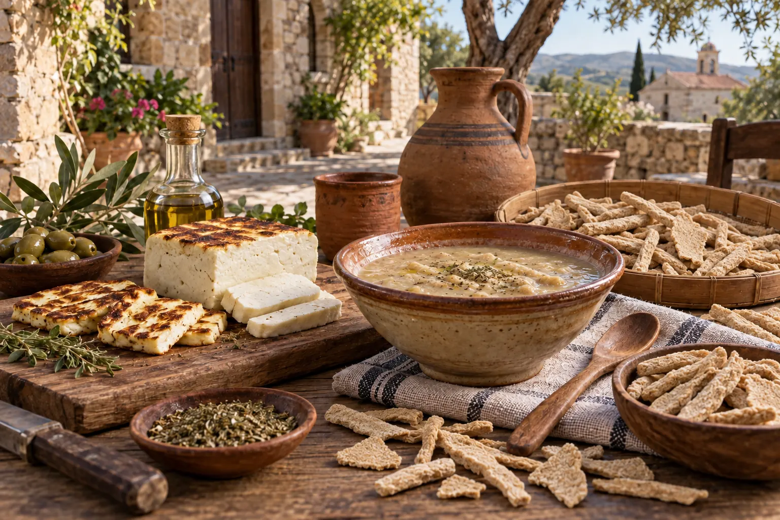 Editorial image of halloumi, trahanas and traditional Cypriot tableware