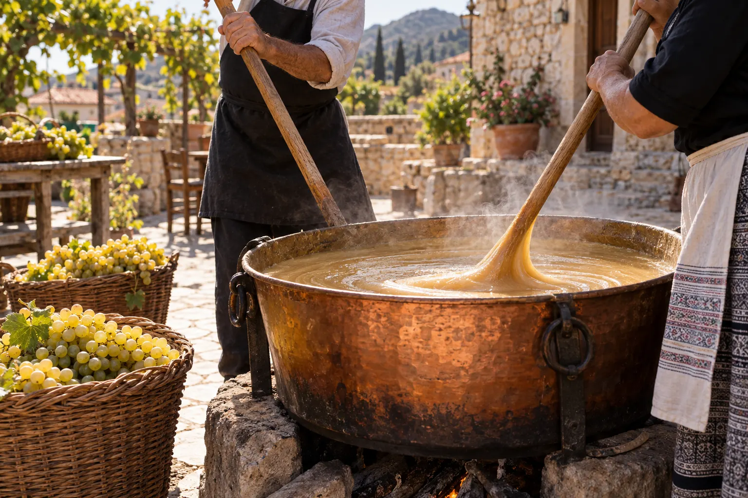 Editorial image of palouze being stirred in a copper cauldron in Vouni