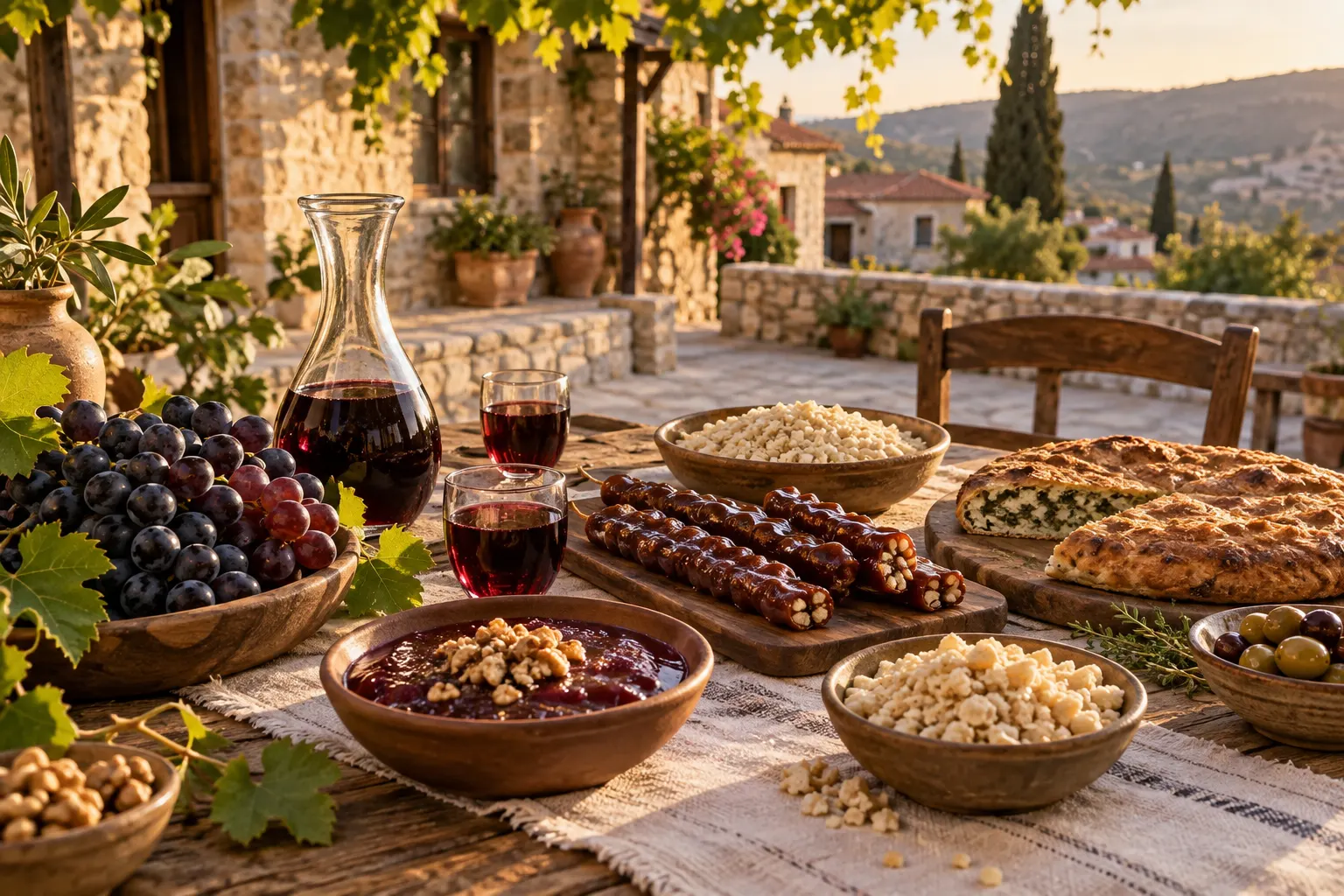 Editorial image of wine and traditional food at a Potamiou village festival