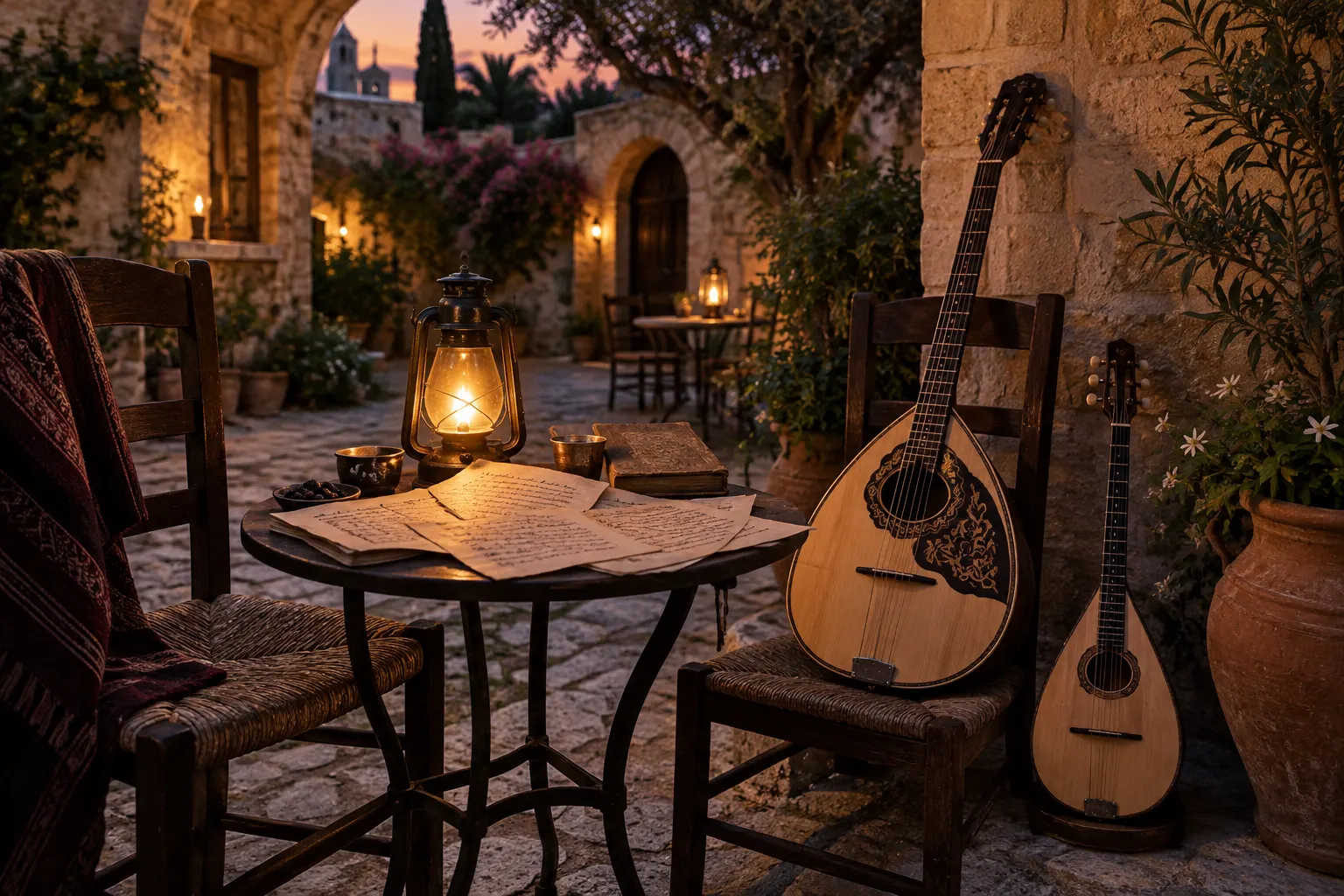 Editorial still life of rebetiko instruments and handwritten memories in a Cypriot courtyard