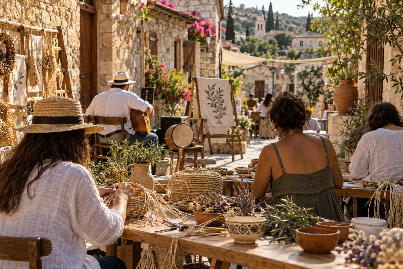Editorial image of community craft workshops in the stone lanes of Kalavasos