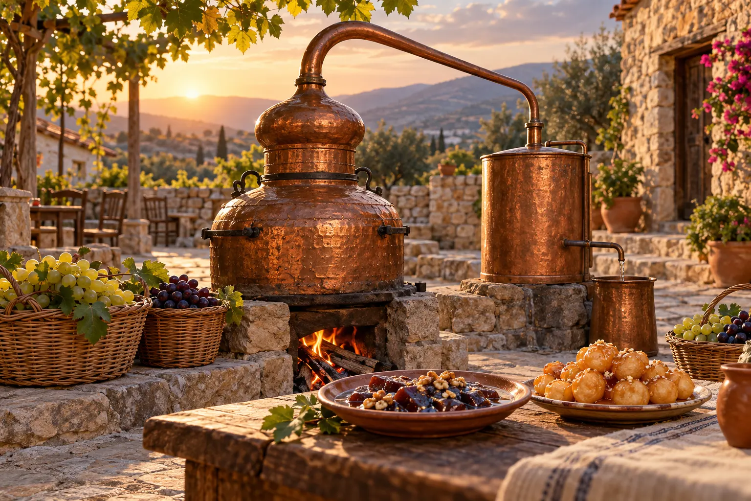 Editorial illustration of a copper zivania still with grapes and local dishes in a Cypriot village square
