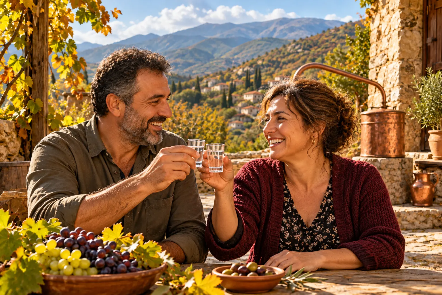 Editorial illustration of two fictional Cypriot adults toasting with small glasses of zivania in an imagined Pelendri courtyard