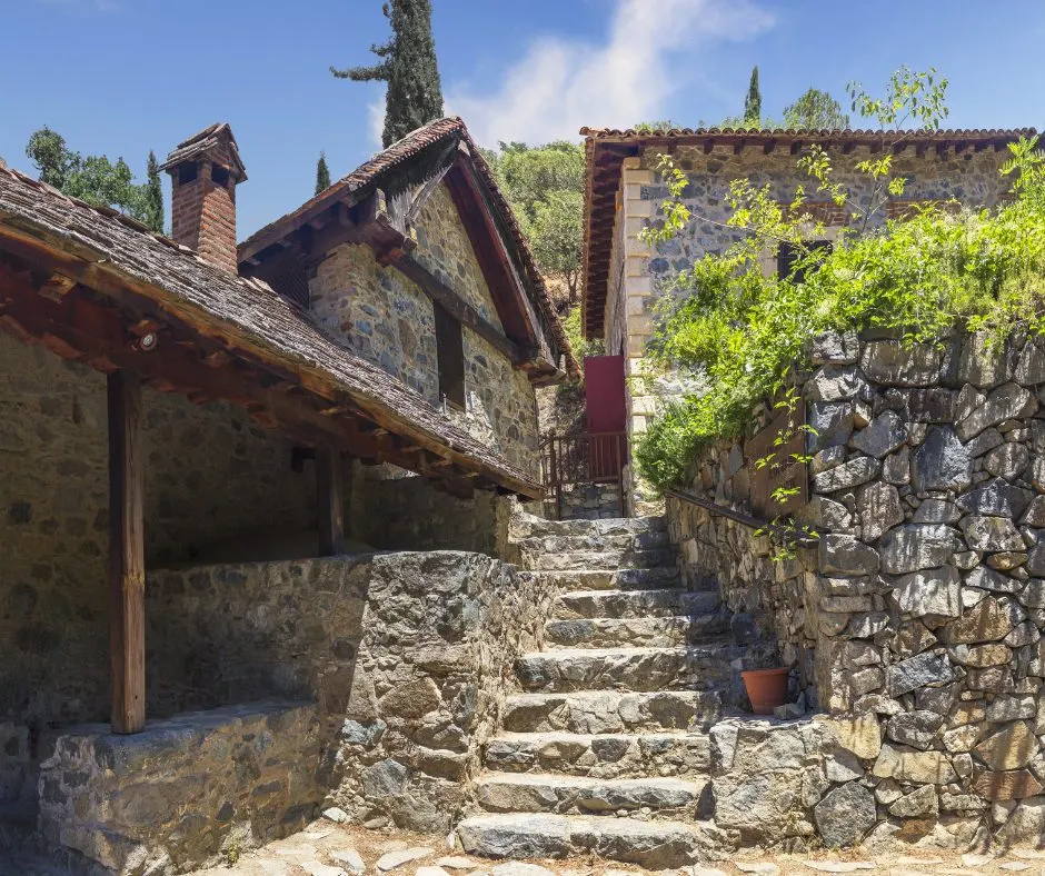 The stone buildings and outside stairs of the Ayios Ioannis Lambadistis monastery at Kalopanayiotis