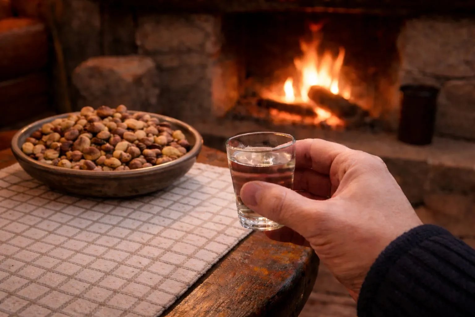 A hand holding a small glass of zivania beside a bowl of nuts, in front of an open fire