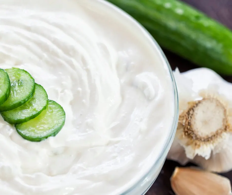 Tzatziki ingredients: yoghurt, cucumber, garlic, mint