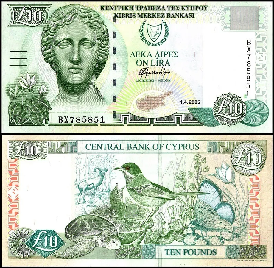 Both sides of the Cypriot ten-pound note: a marble head of Artemis, and a reverse of Cypriot wildlife